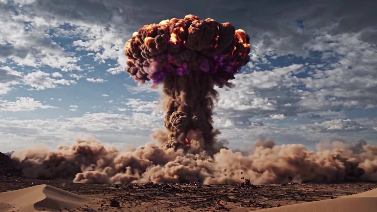 Eine Abfolge explosiver Ereignisse: Die dramatische Transformation einer Wüstenlandschaft durch eine gewaltige Explosion, festgehalten in zwei beeindruckenden Bildern.