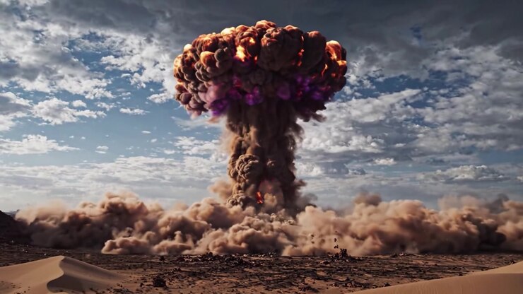 A Sequence of Explosive Events: Witnessing the Dramatic Transformation of a Desert Landscape Through a Powerful Explosion Captured in Two Striking Frames
