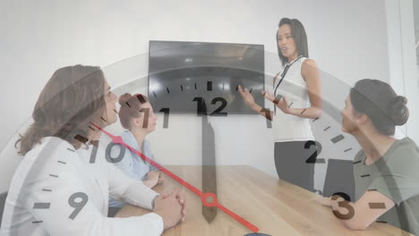 animation of moving clock over diverse colleagues having meeting in office