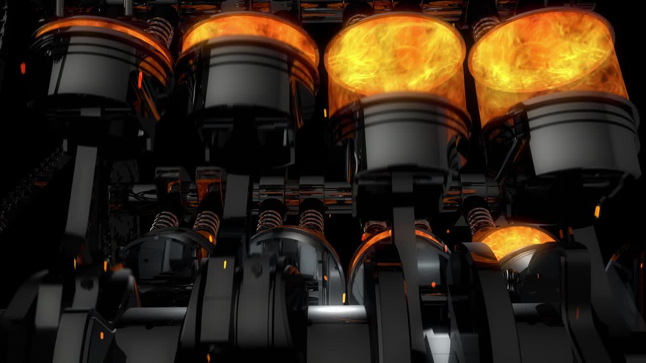 animación de motor v8 de trabajo cercano con chispas - rotación lenta de la cámara