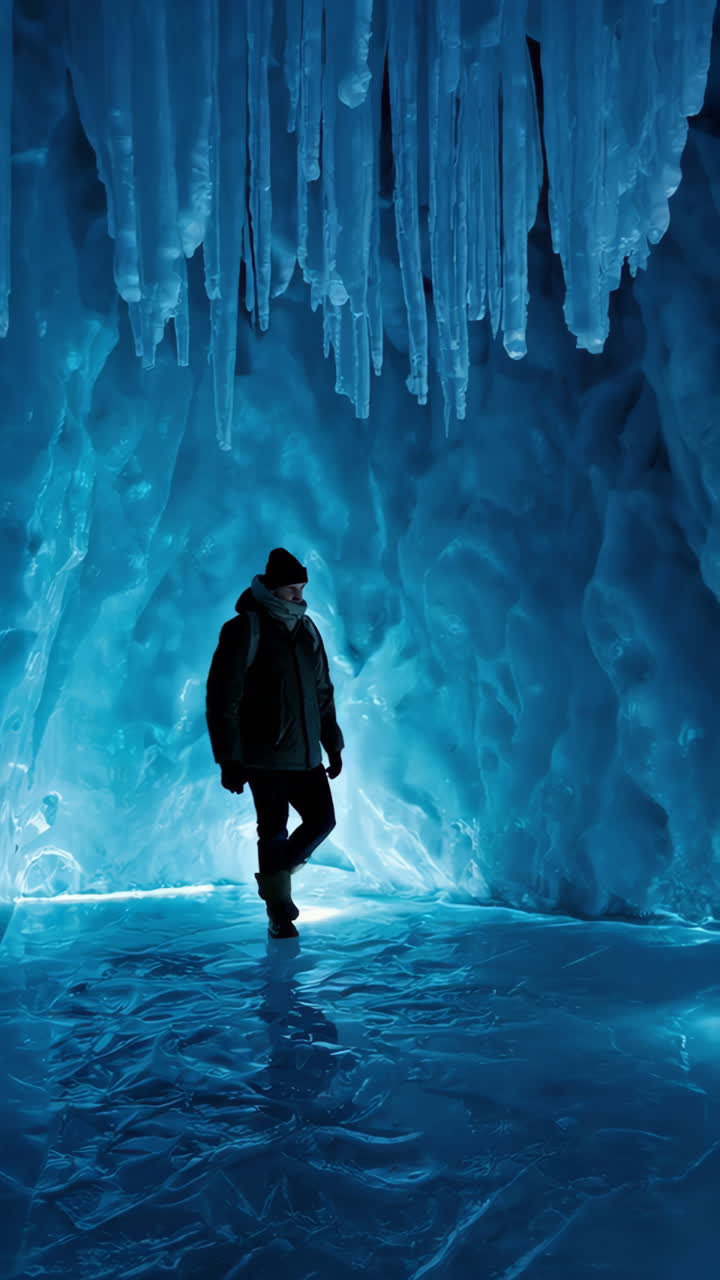 A person exploring a vibrant blue ice cave with shimmering formations
