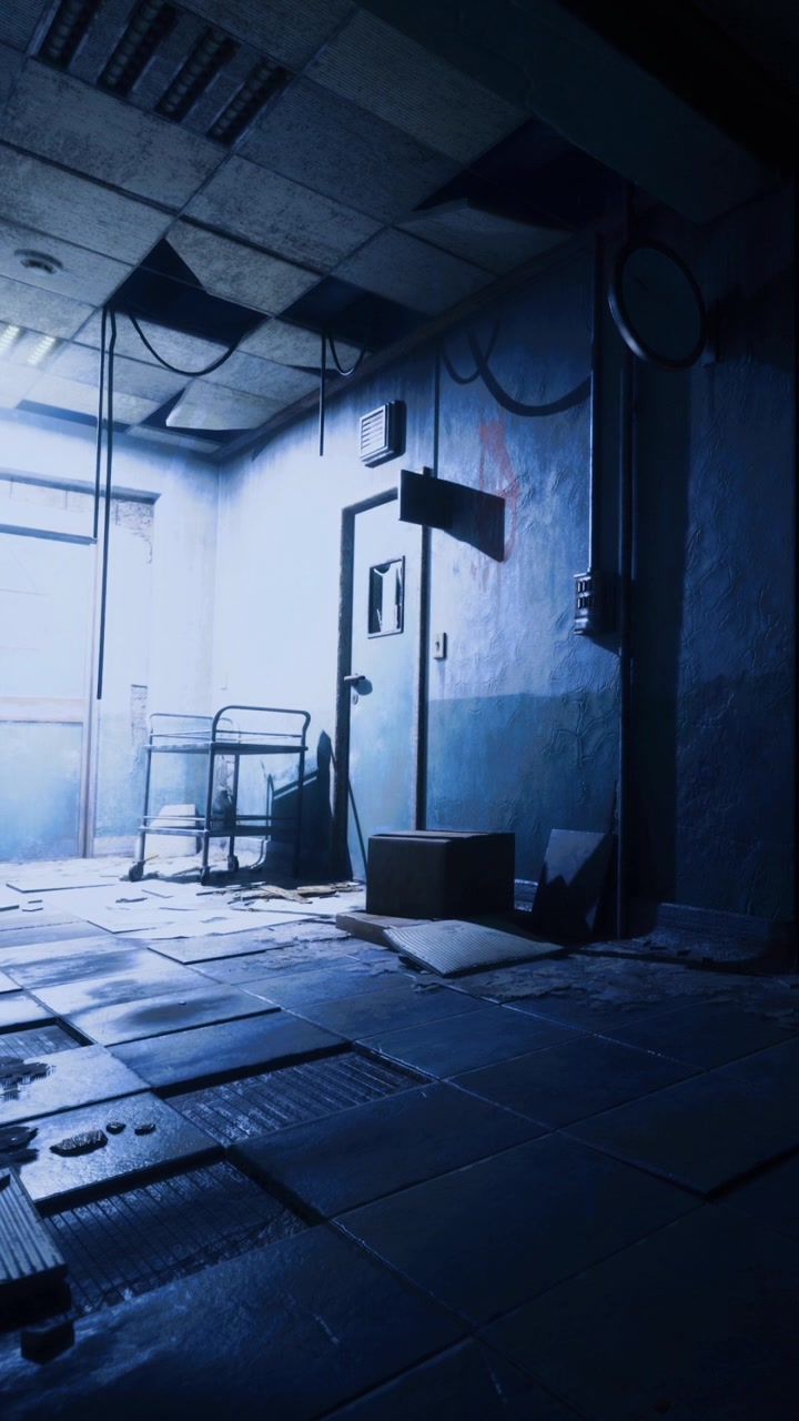 Dim room with window and empty chair in an abandoned building at night
