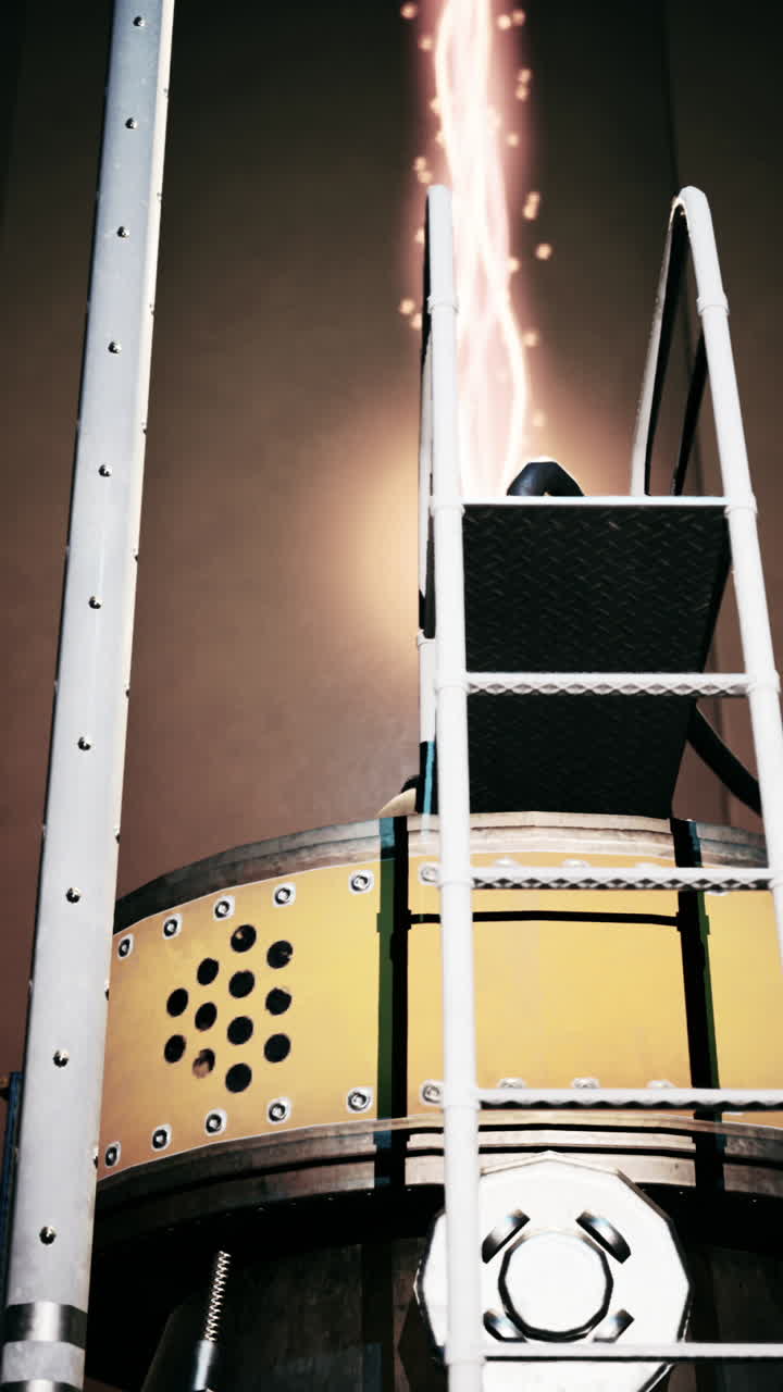 cerca de una escalera metálica oxidada que conduce a una plataforma metálica con una estructura metálica redonda