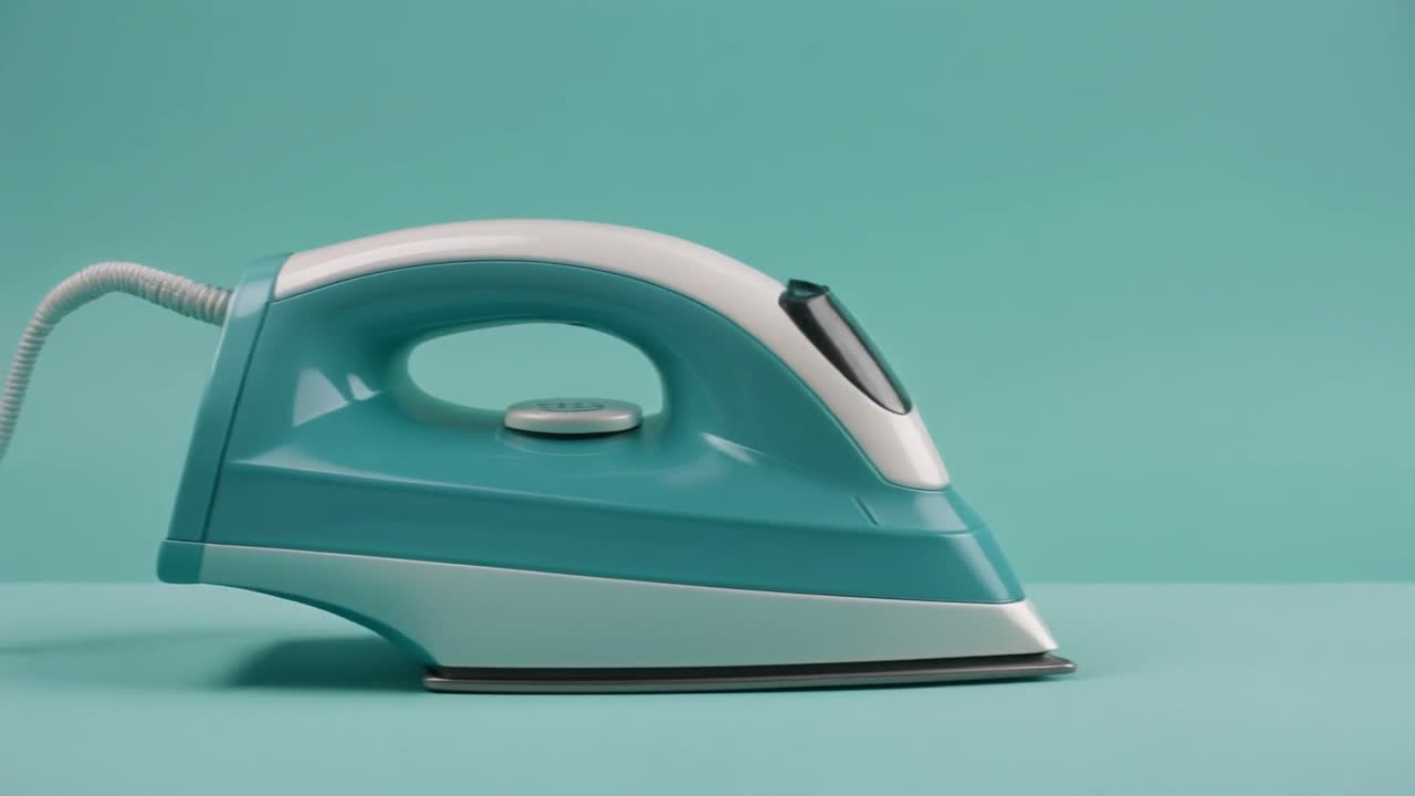 Modern Turquoise Iron with Power Cord Extending on Blue Background