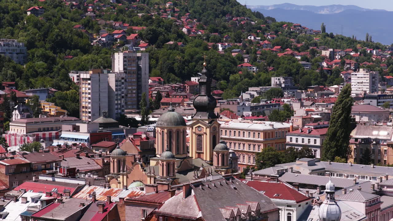 Serbian Orthodox Church - Cathedral Church of the Nativity of the Theotokos In Sarajevo, Bosnia and Herzegovina. Aerial Shot