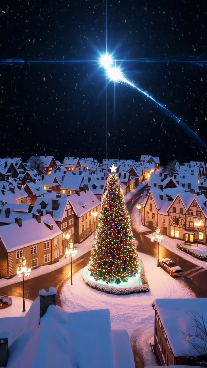A magical Christmas night in a snow-covered village with a brightly lit Christmas tree