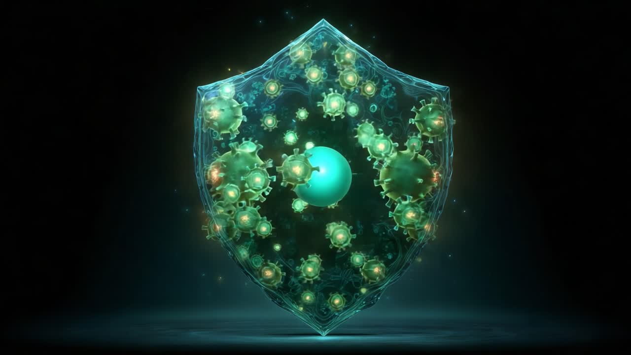 A Digital Shield Representing Advanced Protection Against Viruses and Threats, Illuminated with Glowing Particles and Intricate Designs, Symbolizing Cybersecurity and Defense Innovations