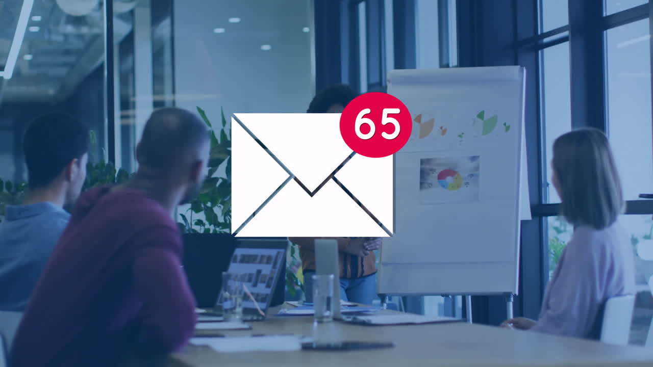 In office, animation of email notification icon with number 88 during meeting