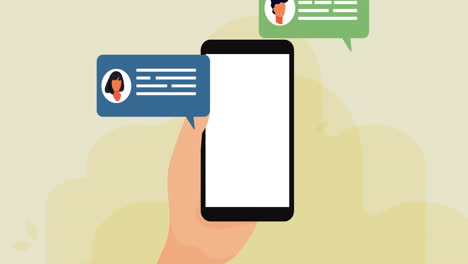 animation of person holding smartphone with blank screen and speech bubbles