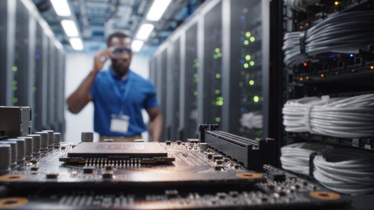 A technician inspects advanced server infrastructure in a data center, focusing on the complex wiring and hardware within a high-tech computing environment.