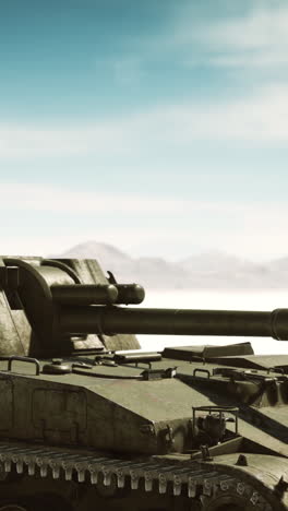 close-up of a military tank in a desert landscape