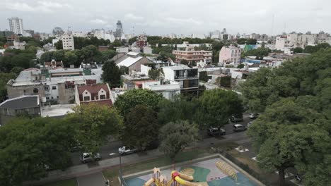 Aerial-View-Above-Villa-Ortuzar-Urban-Landscpae,-Plaza-of-Buenos-Aires-City-Chacarita-Neighbourhood