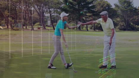 animation of digital data processing over caucasian golf players in caddy on golf course