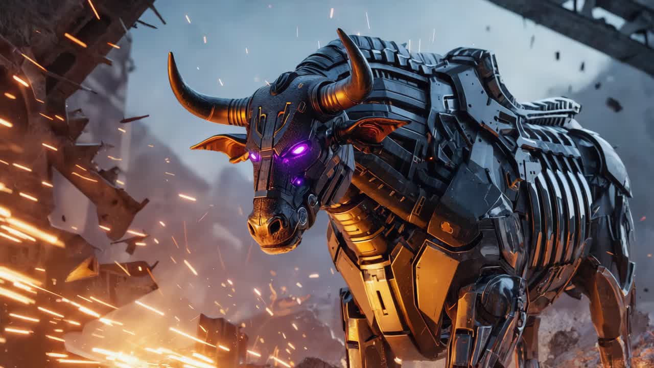 Mechanical Robot Bull with Glowing Eyes