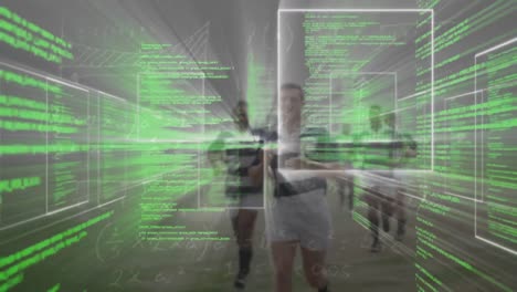 animación del procesamiento de datos sobre jugadores de rugby en el estadio