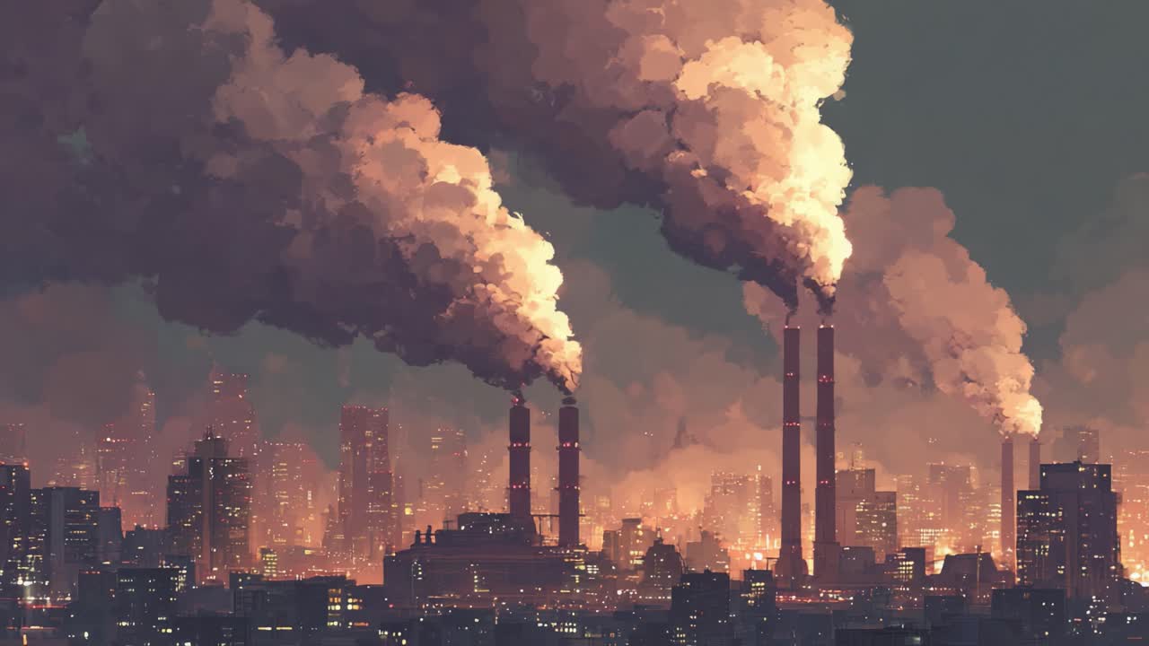 Dramatic Urban Landscape of Pollution: Smoke-Erupting Chimneys Against a Night Sky, Highlighting Environmental Impact of Industrial Activities on City Life