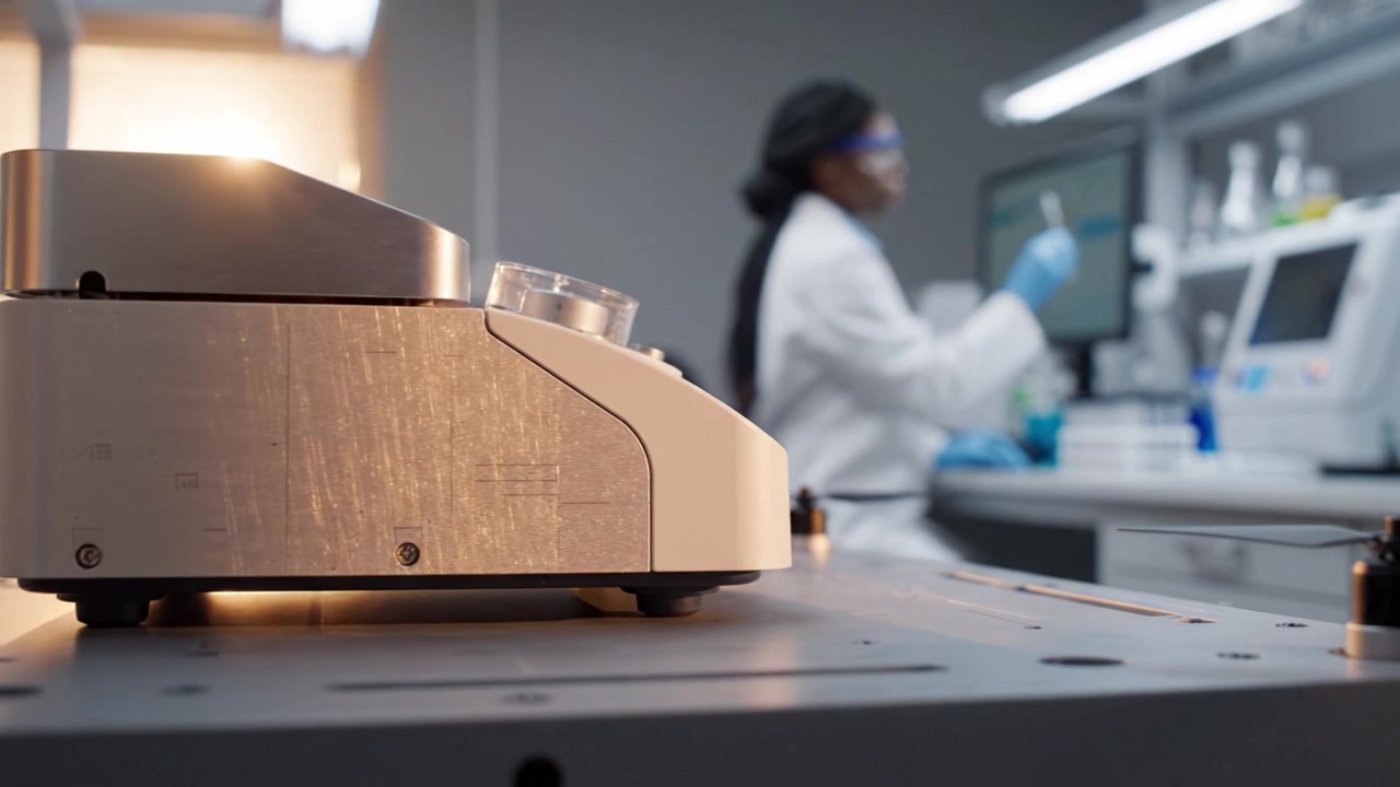 Close-Up of a Laboratory Instrument with a Scientist Working in the Background, Highlighting Advanced Research Equipment and Scientific Environment.