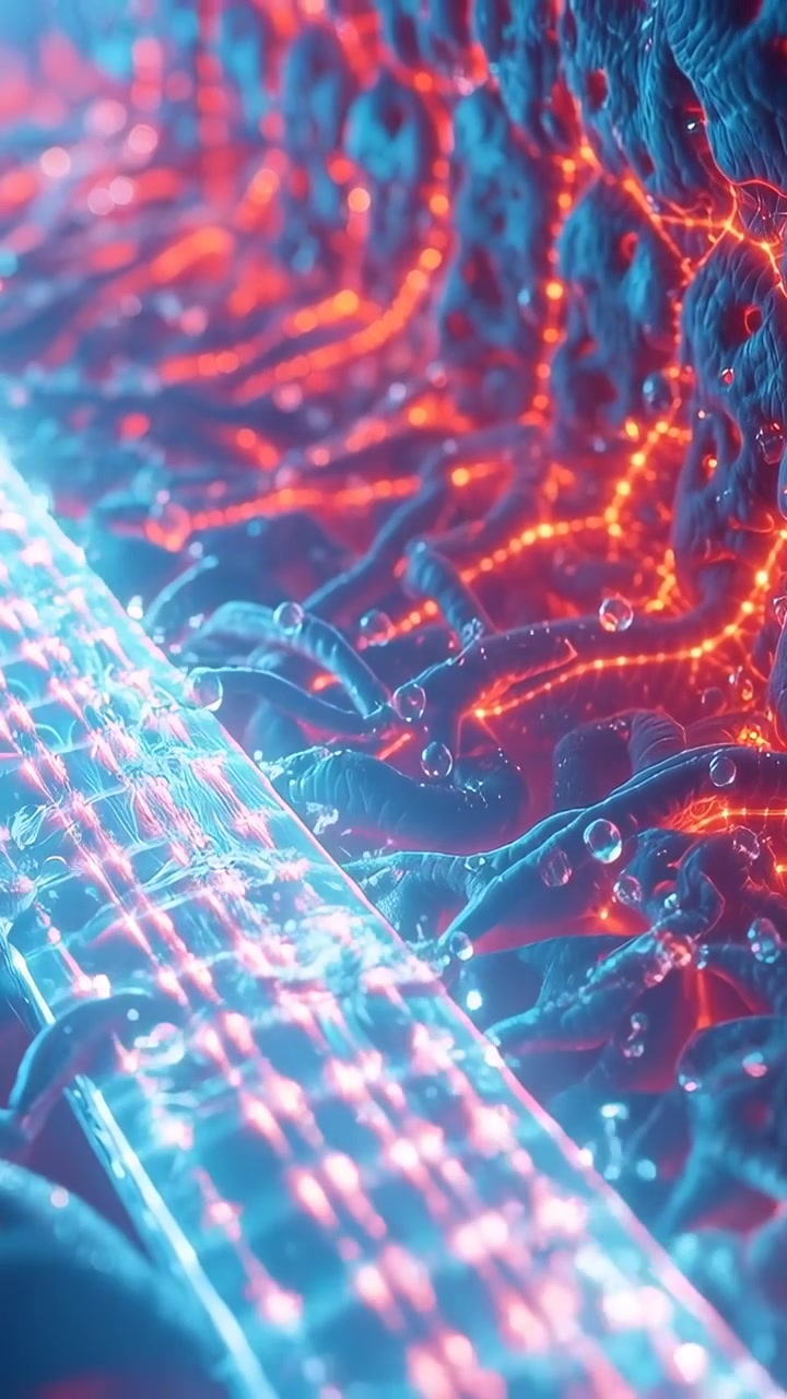 Vertical video: Panning camera revealing translucent ribbon pulsing grid in CGI showing tubules