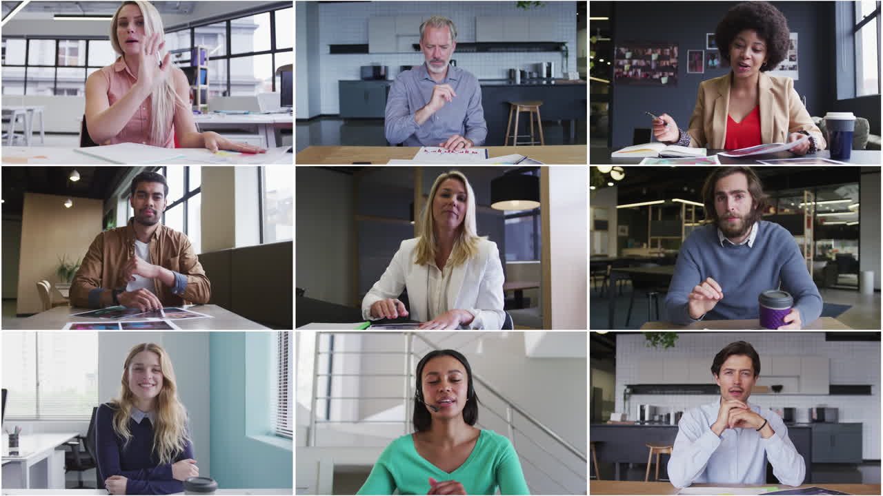 Team of work colleagues displayed on screens talking and brainstorming on video call