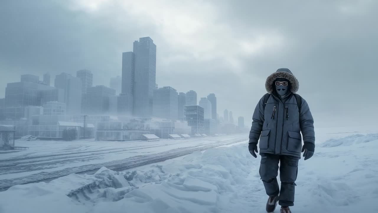 Fog clearing, explorer walking toward city outskirts across plain with backpack, copy space