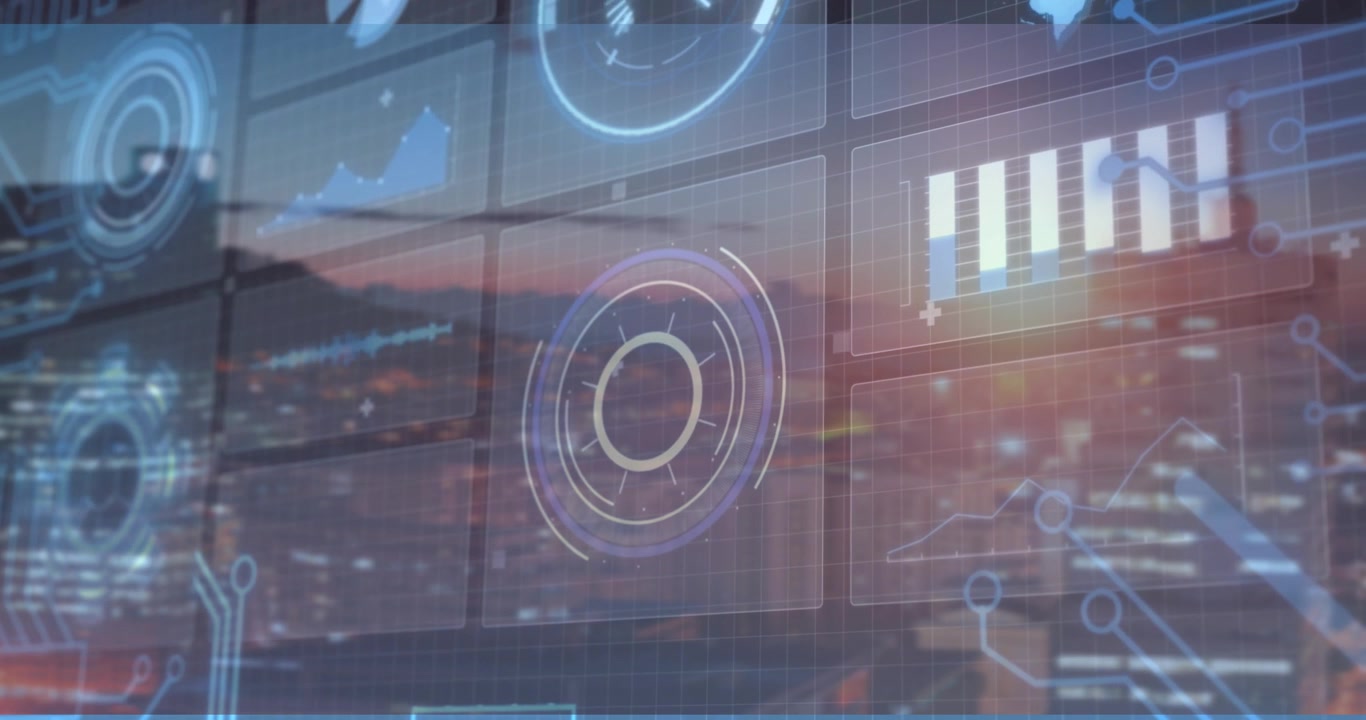 Panels appearing gauge pulsing, bars rising and graph moving while nodes fading to visualize data