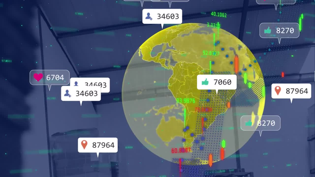 animación de iconos de medios y procesamiento de datos en todo el mundo y la oficina
