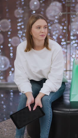 mujer joven pensativa sentada en un centro comercial sosteniendo una tableta, rodeada de bolsas de compras y decoraciones festivas, mirando lejos con luces parpadeantes y una gran estrella decorativa