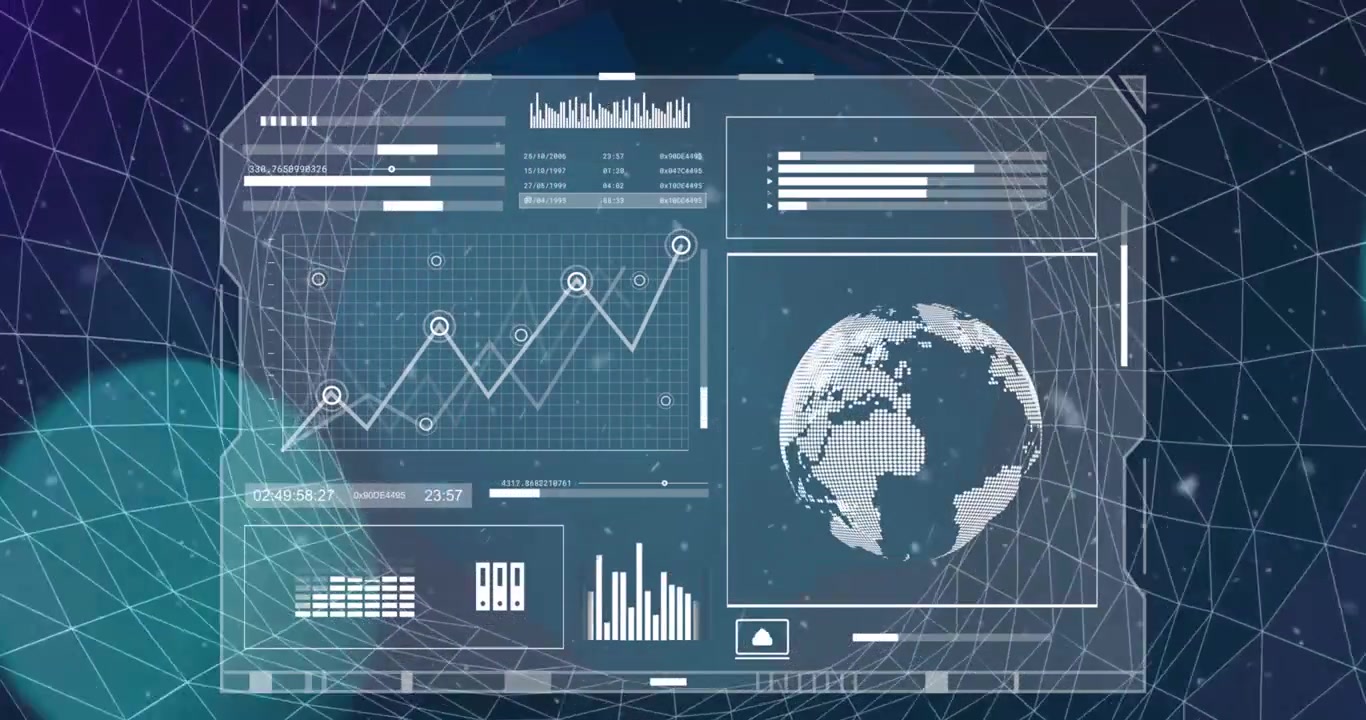 Animation of screen withy globe and graphs over grid tunnel and moving dots
