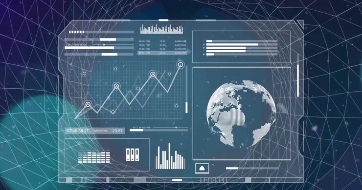 Animation of screen withy globe and graphs over grid tunnel and moving dots