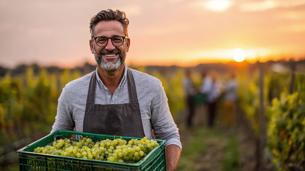 A Joyful Vineyard Worker Smiling and Holding a Basket of Fresh Grapes During Sunset, Capturing the Beauty of Harvest Season in the Vineyard Landscape