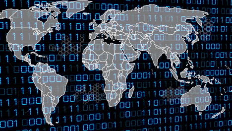 overlaying binary code, world map illustrating global digital connectivity animation