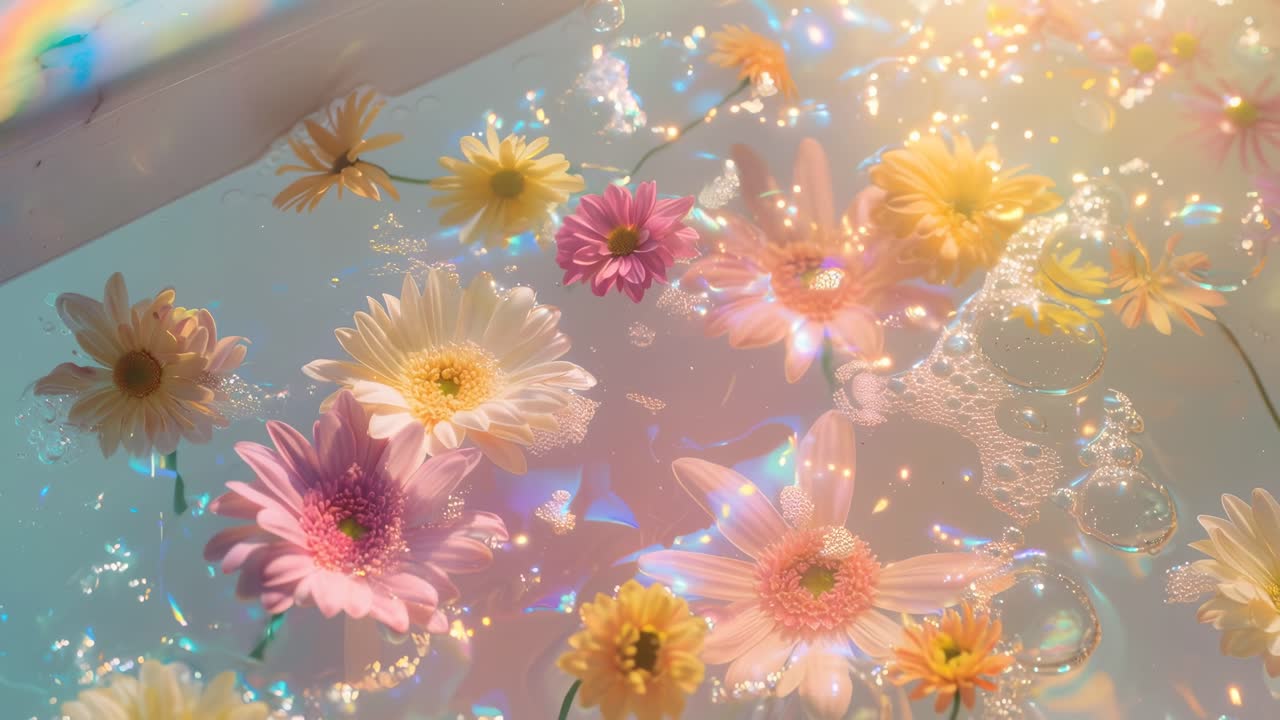 Video dall'alto di margherite colorate che galleggiano nell'acqua, con un'illuminazione sognante ed eterea