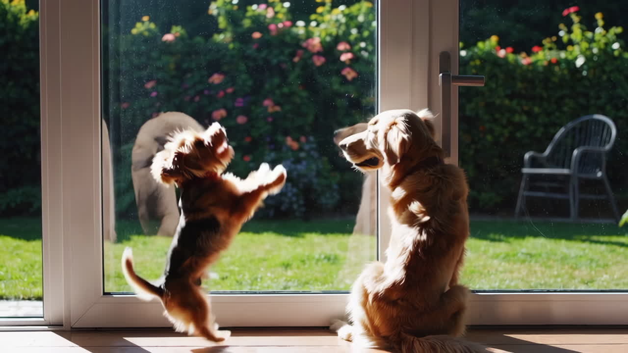 Two Dogs Looking Out a Glass Door at a Sunny Garden