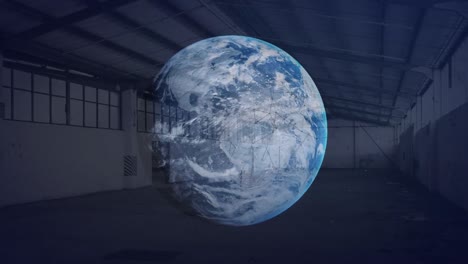 animación de puntos que se conectan con líneas y globo giratorio sobre almacén abandonado