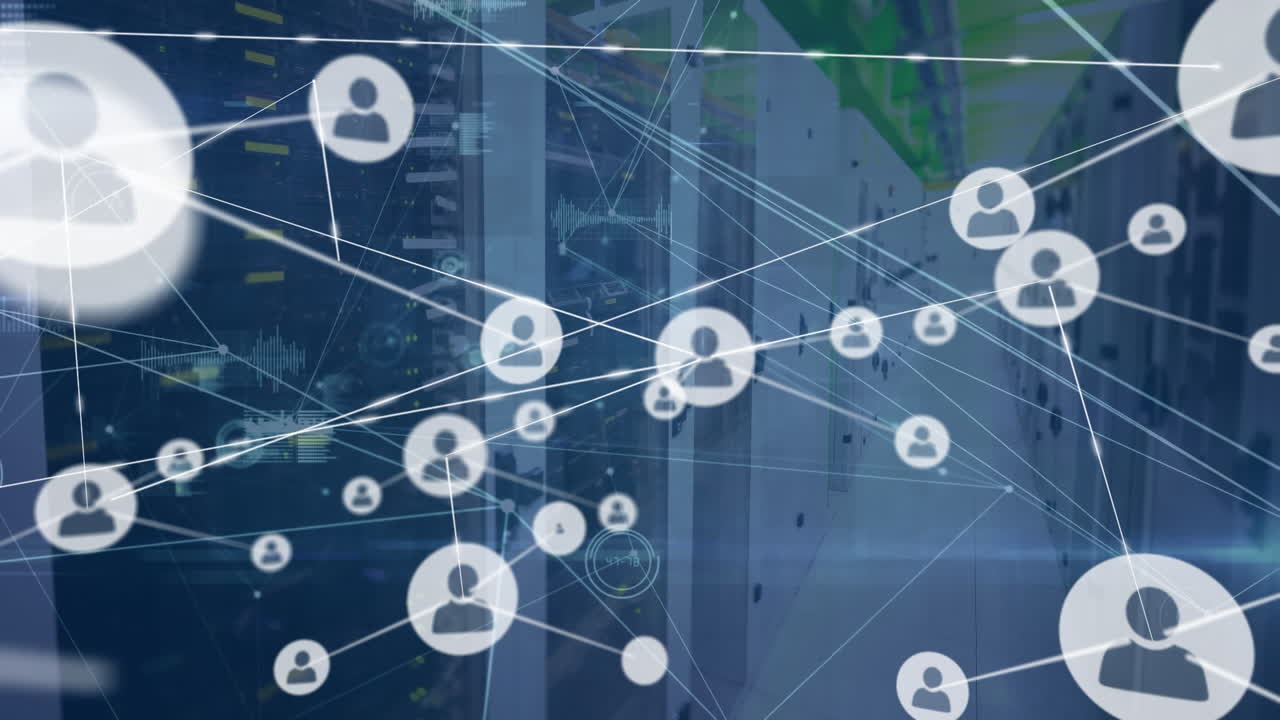 Animation of network of people icons and data processing over computer server room