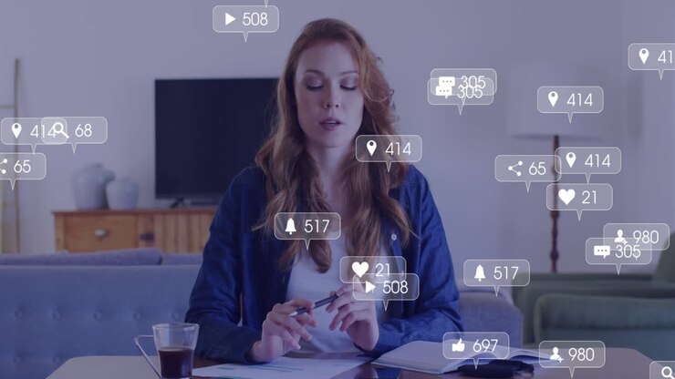 Animation of media icons over caucasian woman having video call