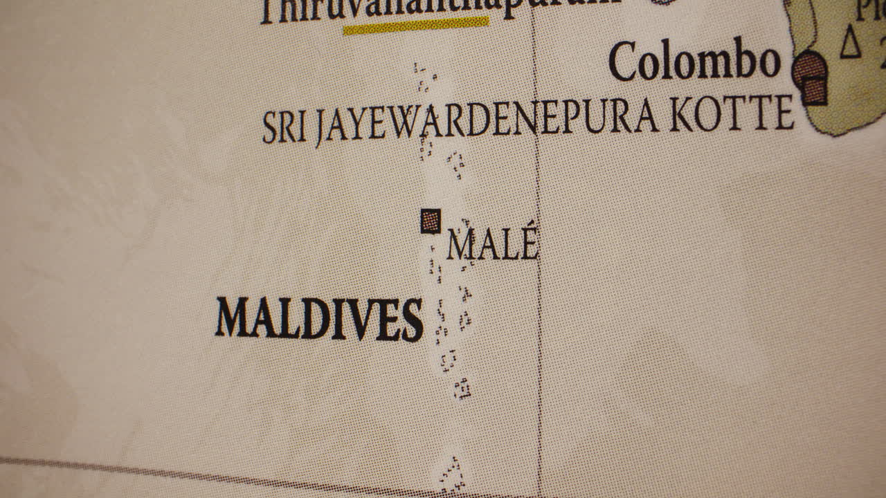 Close-up of a map showing Maldives and its capital Malé
