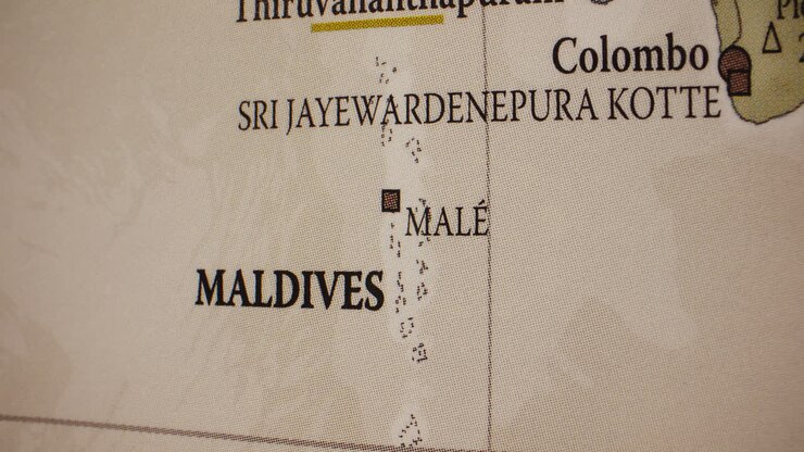 Close-up of a map showing Maldives and its capital Malé