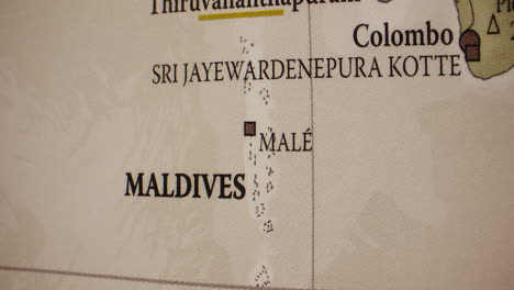 close-up of a map showing maldives and its capital malé