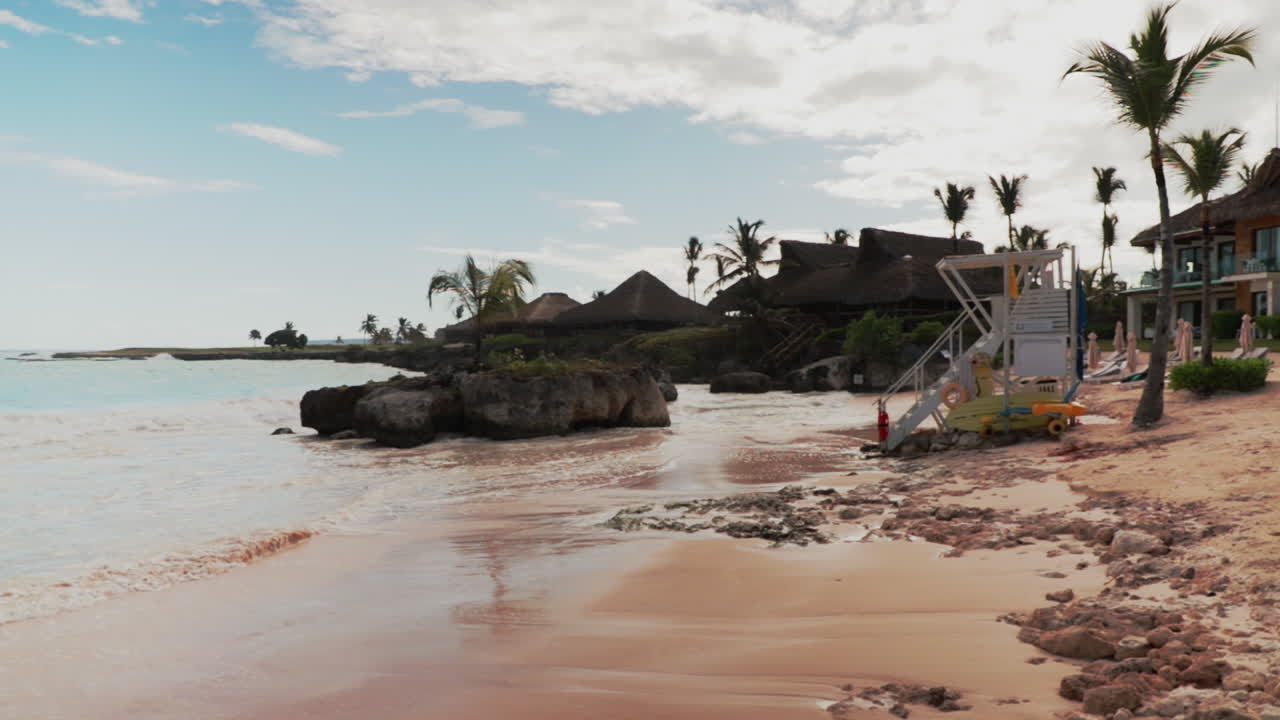 인명 구조원 오두막과 야자수가 있는 해변 해안의 풍경 사진