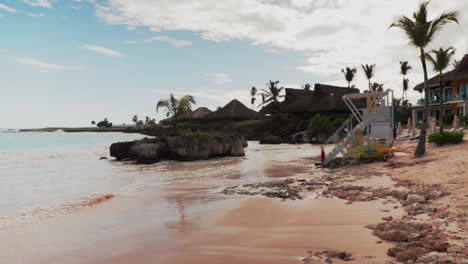 toma de paisaje de la orilla de la playa con cabaña de salvavidas y palmeras