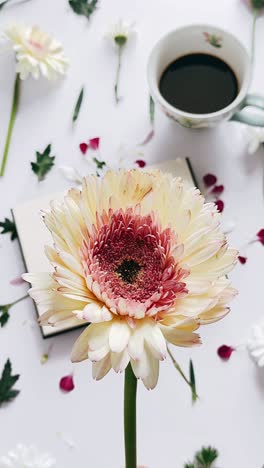 delicate floral still life with coffee and book