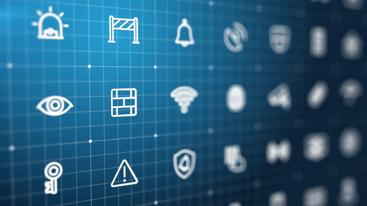 4K Abstract 3d animation. Security, protection, monitoring background. Swipe in cyberspace grid. Futuristic interface, interaction system concept. Cctv, guard, safety control line icon. Seamless loop.