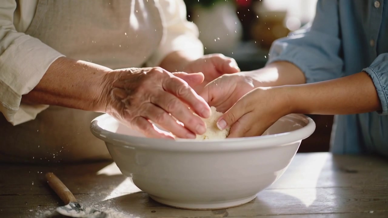 Reaching senior in blouse guiding child in blue shirt kneading dough at kitchen table with bowl