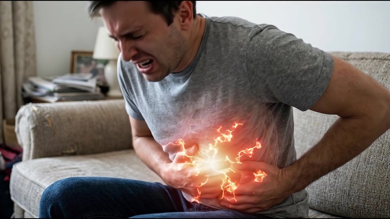 Man Experiencing Severe Abdominal Pain with Digital Overlay