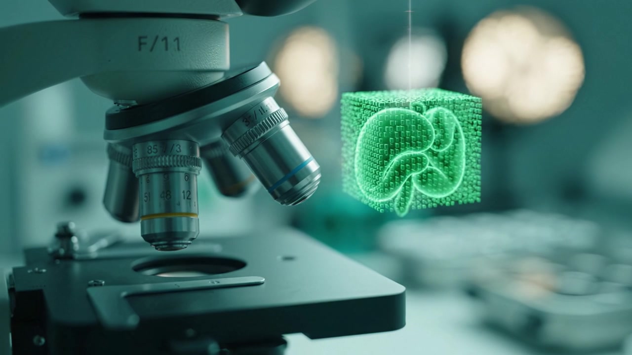 Advanced Microscope View Showcasing 3D Holographic Representation of Liver Biology with a Focus on Digital Structures and Scientific Innovation in Research