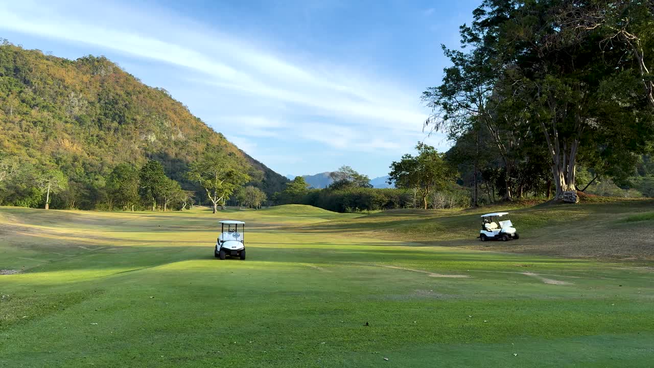울창한 초록색 코스에서 움직이는 골프 카트
