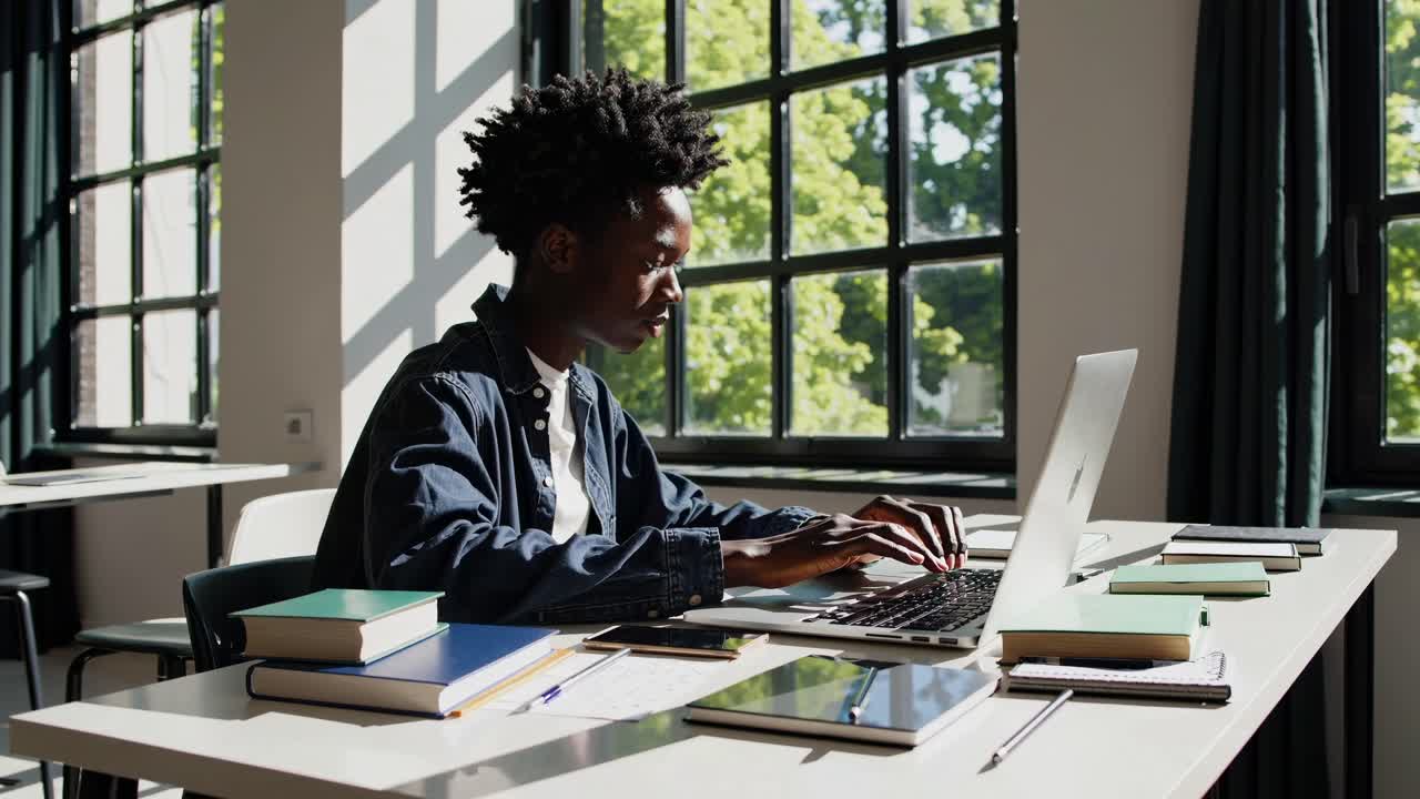A young man works on a laptop in a sunlit room, surrounded by books