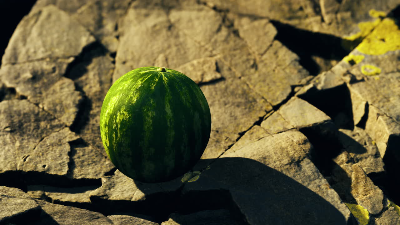 Unique watermelon perched on cracked rock under golden sunlight in nature