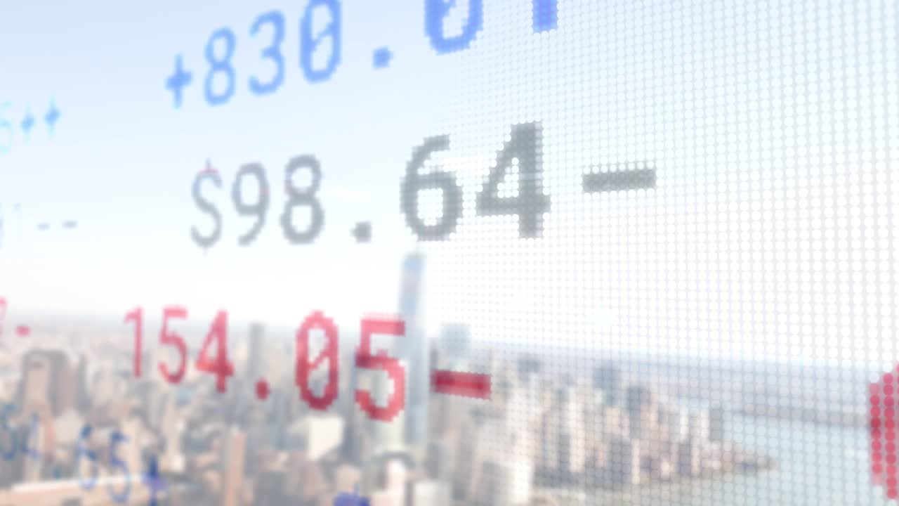 도시 풍경 위의 금융 데이터 처리 애니메이션